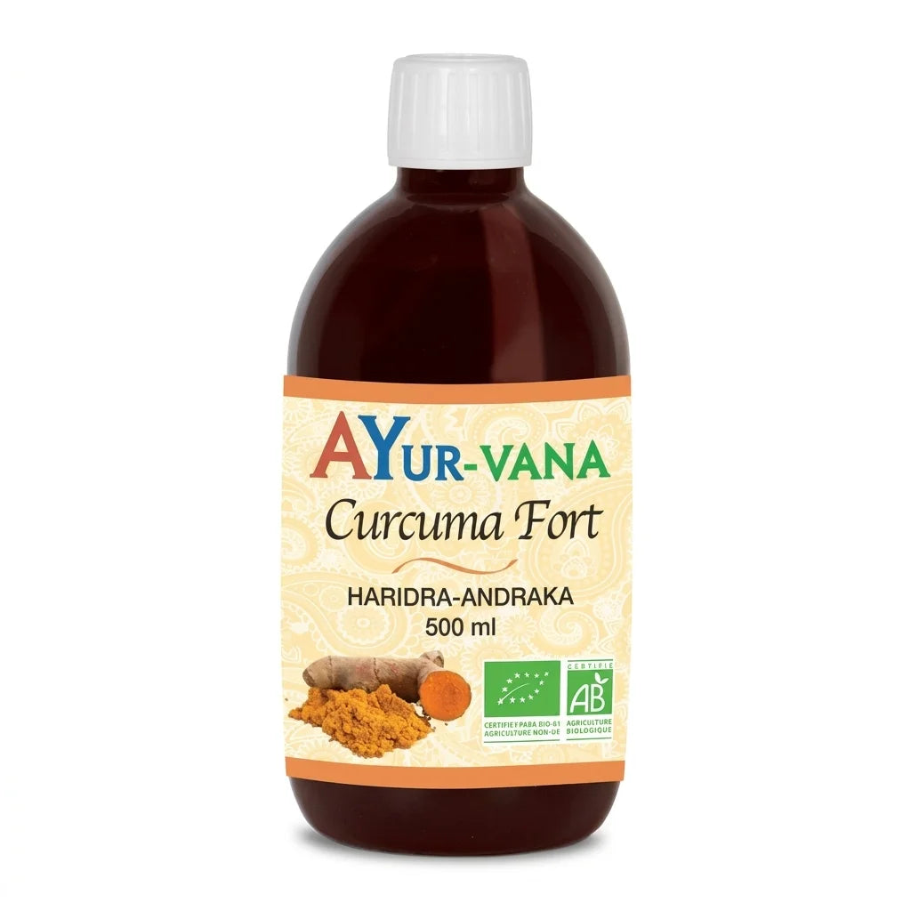 Curcuma Fort bio 500ml Ayur-vana bouteille verre ambré avec étiquette orange et blanche
