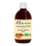Curcuma Fort bio 500ml Ayur-vana bouteille verre ambré avec étiquette orange et blanche