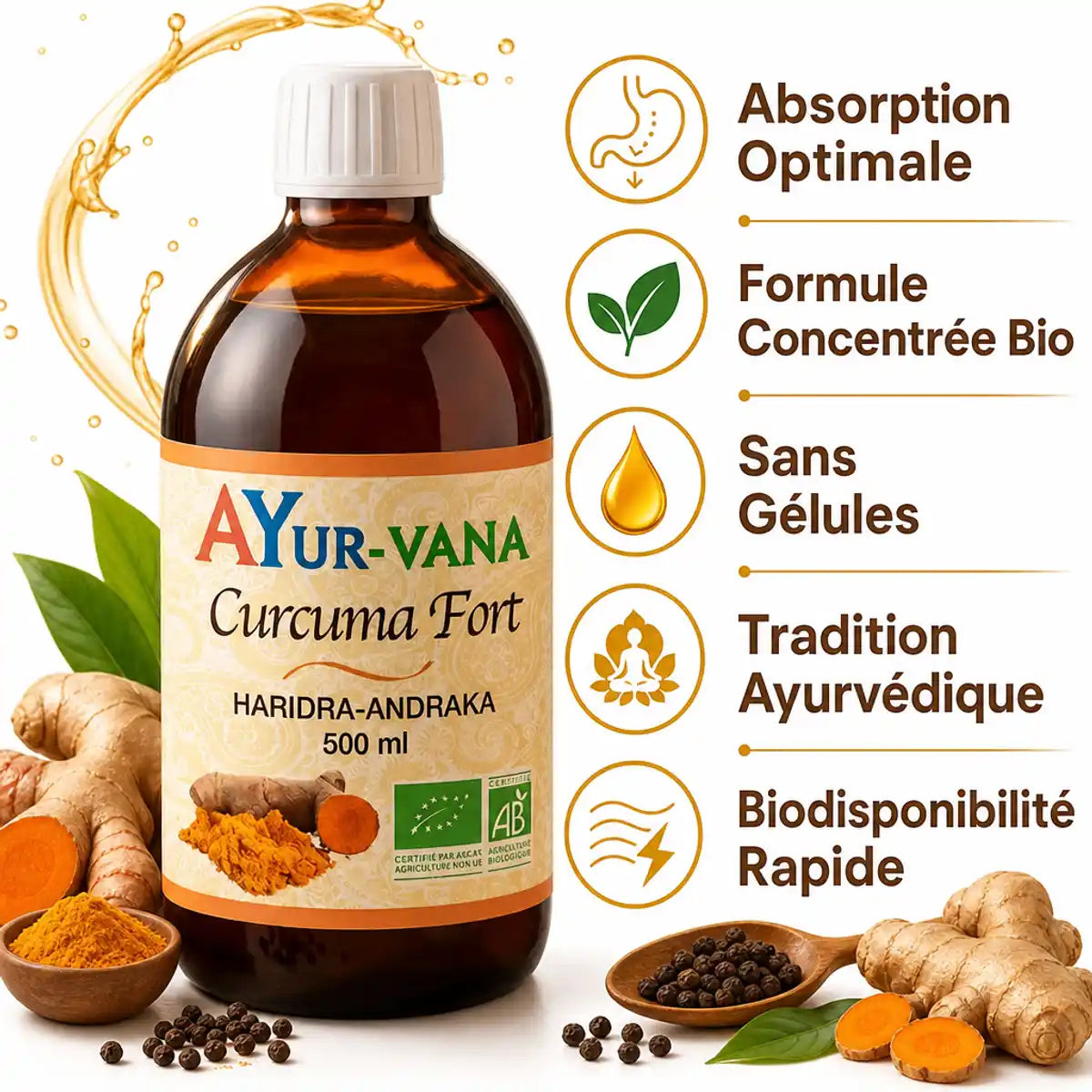 Curcuma Liquide Fort bio 500ml Ayur-vana avec bénéfices absorption optimale et formule concentrée