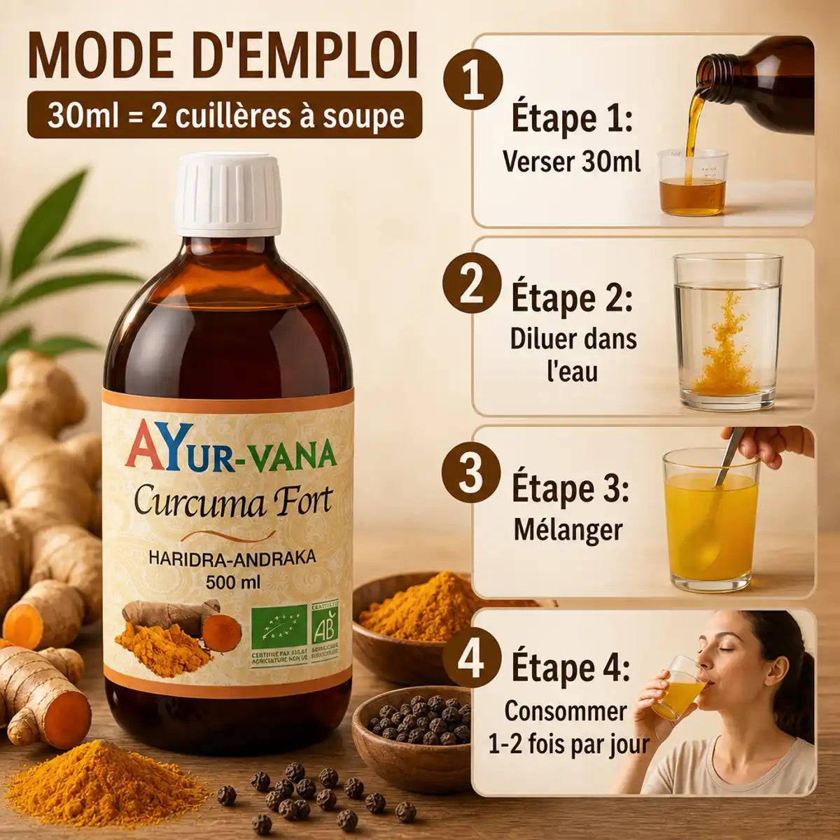Curcuma Liquide Fort bio 500ml Ayur-vana avec guide d'utilisation et ingrédients naturels