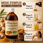 Curcuma Liquide Fort bio 500ml Ayur-vana avec guide d'utilisation et ingrédients naturels