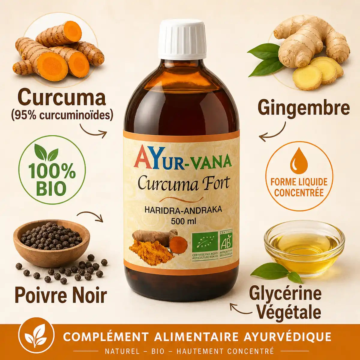 Curcuma liquide fort bio 500ml Ayur-vana avec ingrédients naturels curcuminoïdes gingembre poivre noir