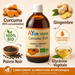 Curcuma liquide fort bio 500ml Ayur-vana avec ingrédients naturels curcuminoïdes gingembre poivre noir