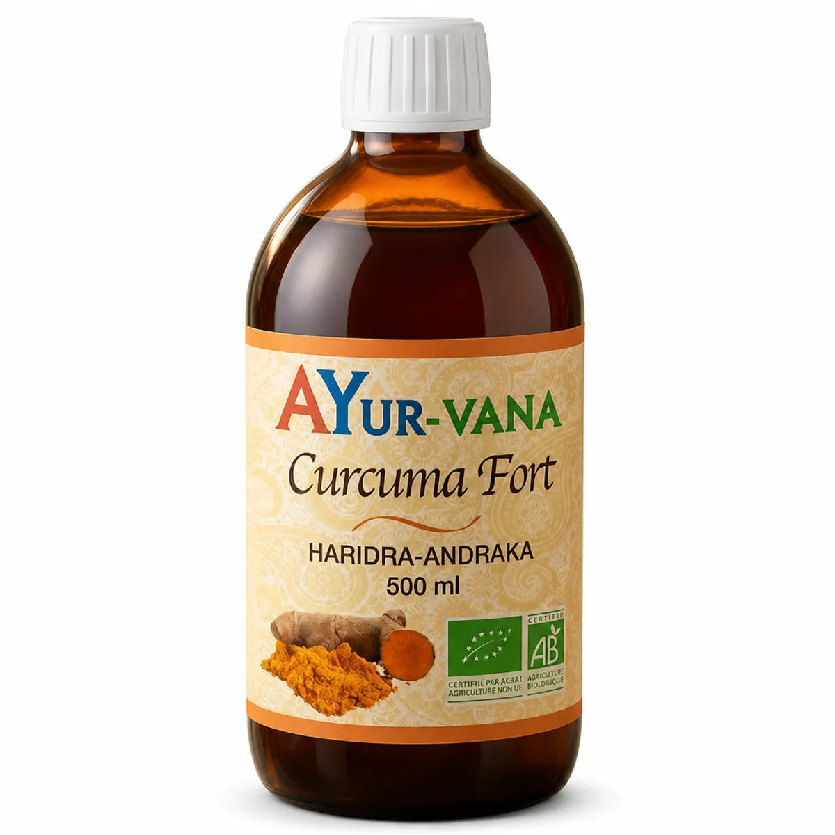 Curcuma Liquide Fort bio Ayur-vana 500ml bouteille verre ambré sur fond blanc