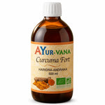 Curcuma Liquide Fort bio Ayur-vana 500ml bouteille verre ambré sur fond blanc