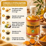 Curcuma Longa Bio AyurVana en flacon verre 50 g, avec mode d'emploi pédagogique : dosage, poivre noir et conservation.