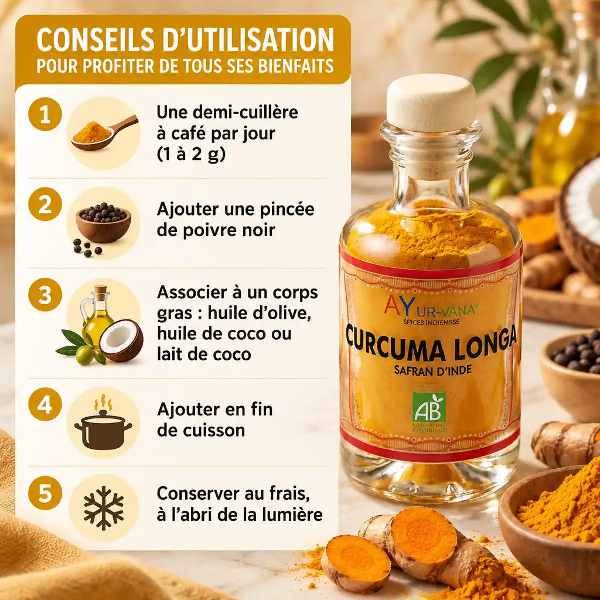 Curcuma Longa Bio AyurVana en flacon verre 50 g, avec mode d'emploi pédagogique : dosage, poivre noir et conservation.