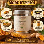 Curcuma Moulu Bio 80g Place des Épices avec mode d'emploi et instructions d'utilisation en cuisine