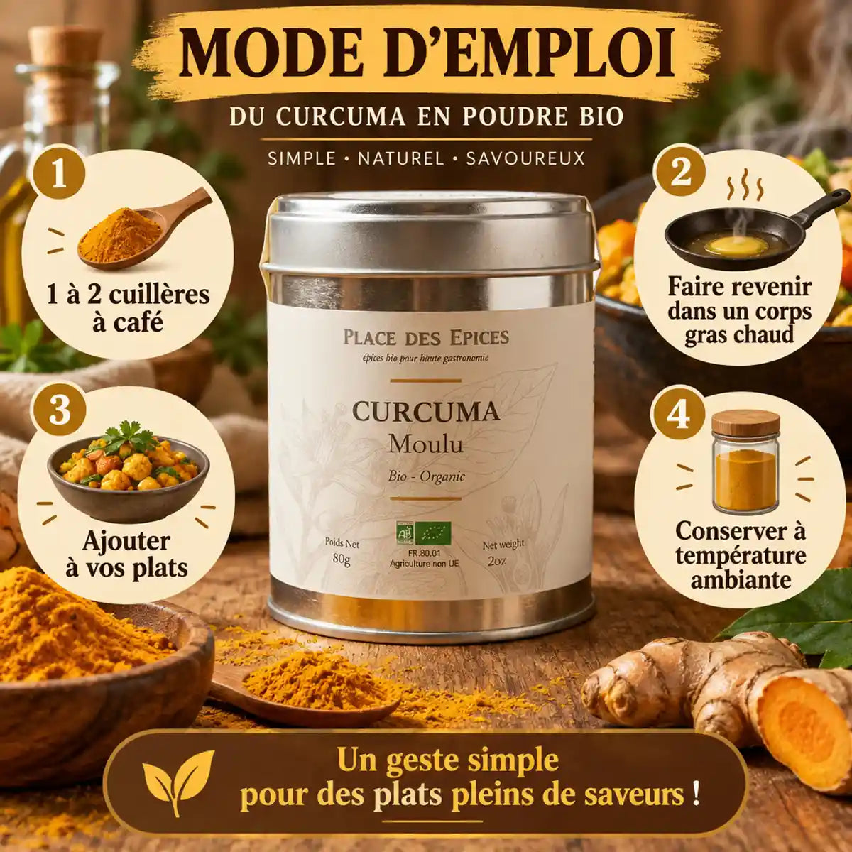 Curcuma Moulu Bio 80g Place des Épices avec mode d'emploi et instructions d'utilisation en cuisine