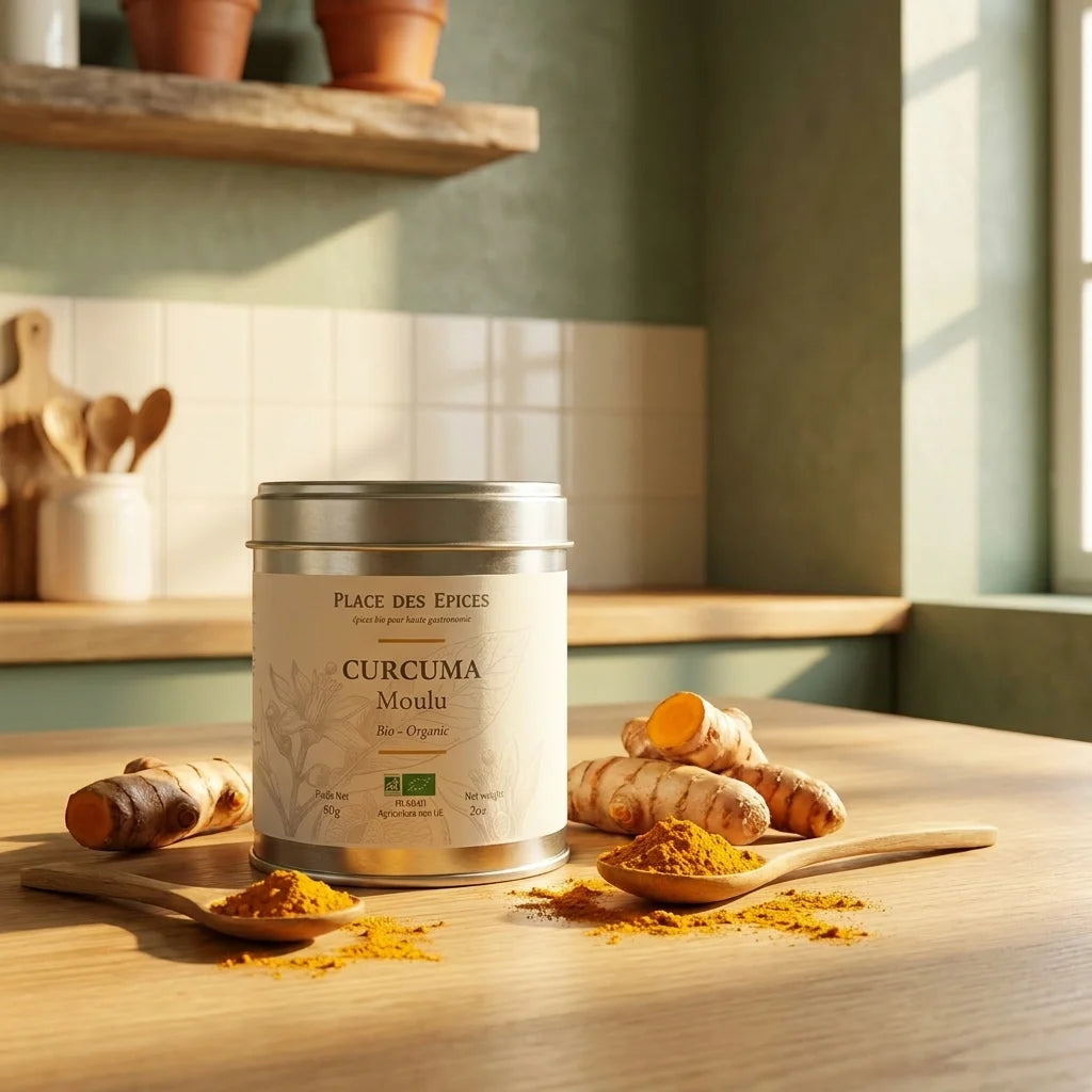 Curcuma moulu bio Place des épices 80g avec racine fraîche et cuillère en bois