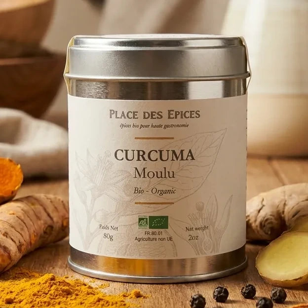Curcuma moulu bio 80g Place des épices avec racine fraîche et épices dorées