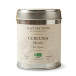 Curcuma moulu bio 80g Place des épices en boîte métallique avec poudre dorée visible