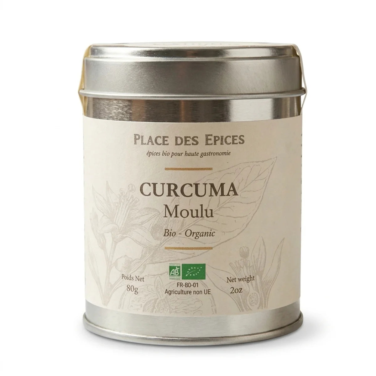Curcuma moulu bio 80g Place des épices en boîte métallique avec poudre dorée visible