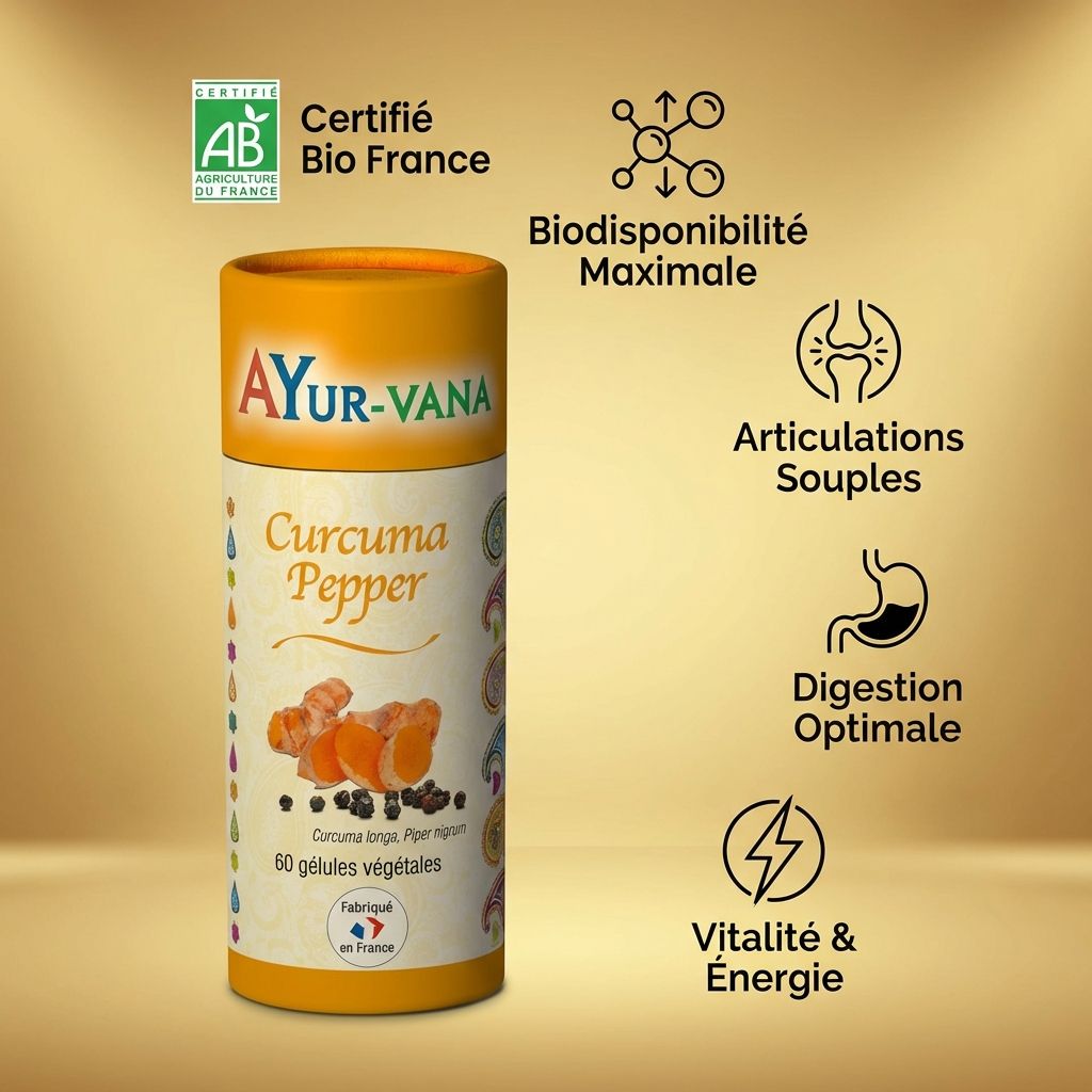 Curcuma Pepper Bio 60 gélules Ayur-Vana avec bénéfices articulations digestion vitalité certifié bio