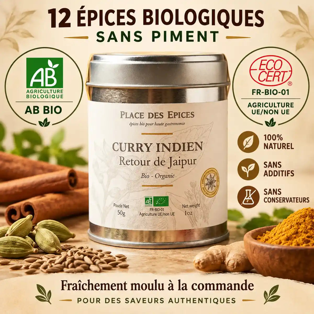 Curry Indien Bio Retour de Jaipur 50g - Boîte épices certifiée AB avec 12 épices biologiques sans piment