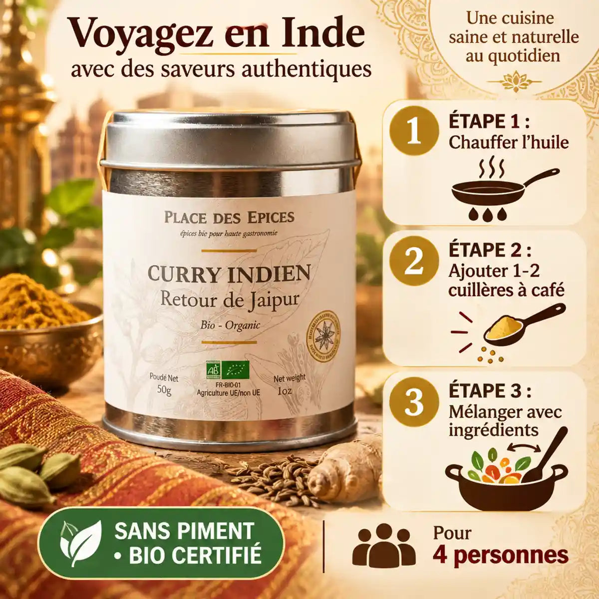 Curry Indien Bio Retour de Jaipur 50g - Guide d'utilisation avec dosage et étapes de préparation