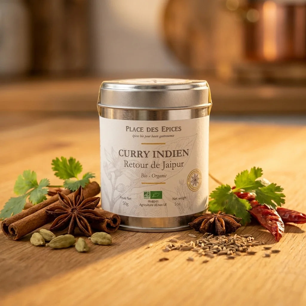 Curry Indien Bio Retour de Jaipur 50g Place des épices sur bois avec épices