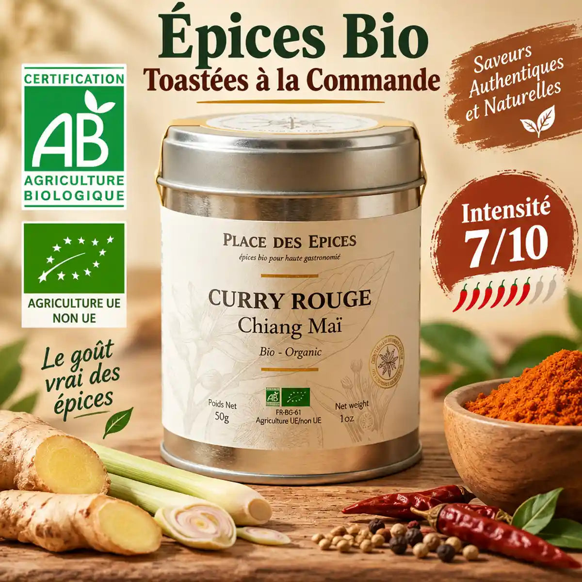 Curry Rouge Chiang Maï Bio 50g - Boîte métallique Place des Épices avec certification AB