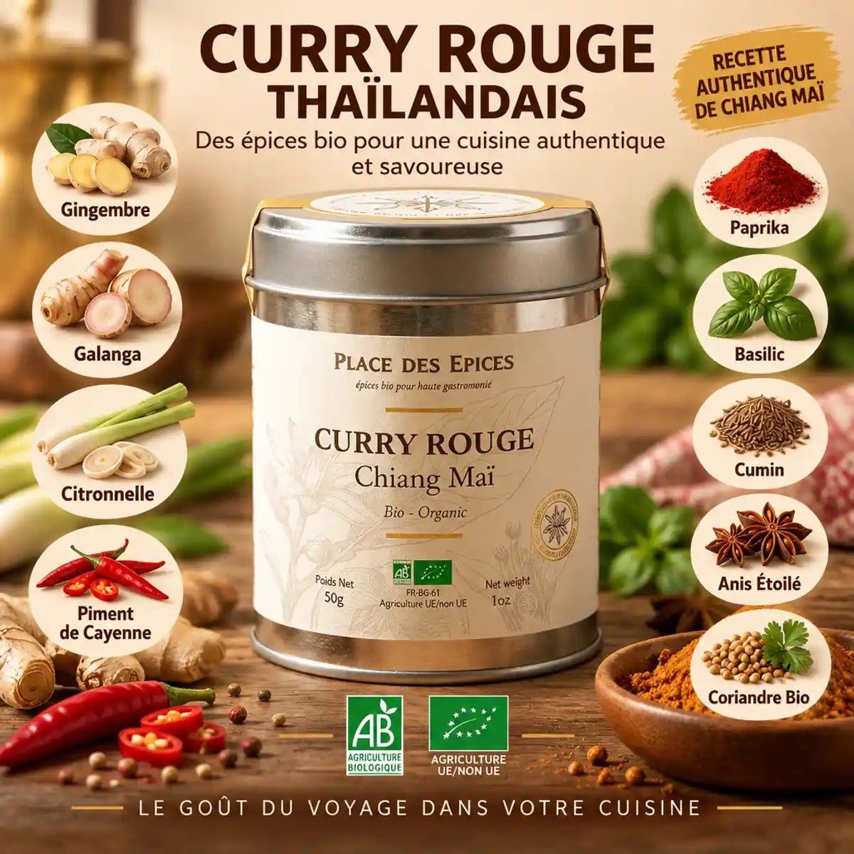 Curry Rouge Thaïlandais Chiang Mai Bio 50g Place des Épices avec ingrédients botaniques et certification Bio