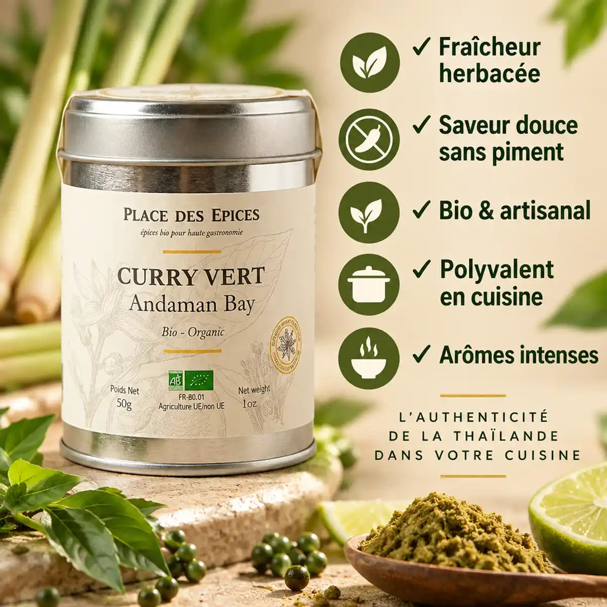 Curry Vert Andaman Bay Bio 50g - Boîte métallique Place des épices avec bénéfices