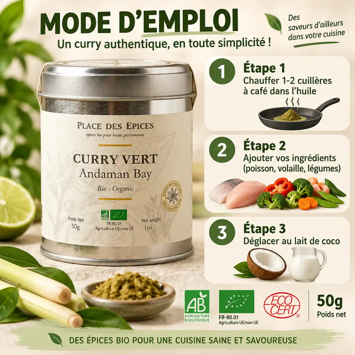 Curry Vert Thaïlandais Andaman Bay Bio 50g - Mode d'emploi et certifications
