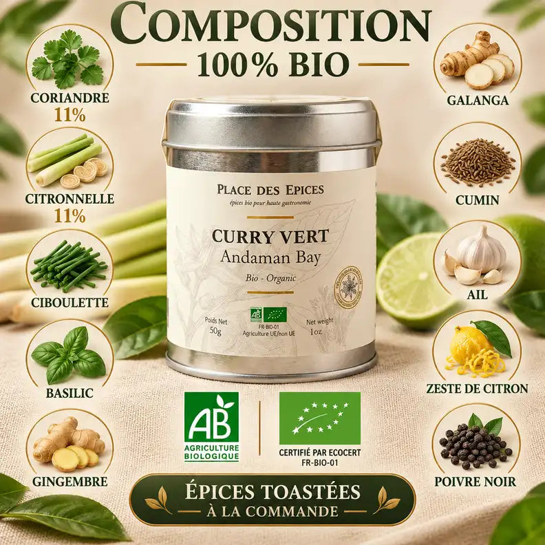 Curry Vert Thaïlandais Andaman Bay Bio 50g avec composition ingrédients et certifications organiques