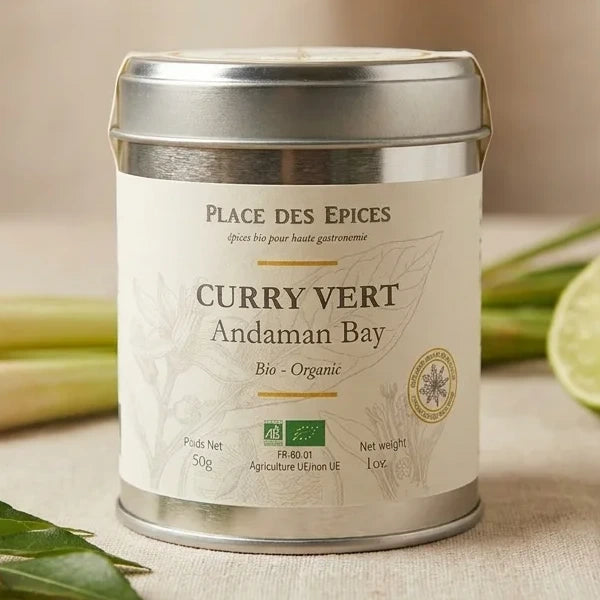 Curry Vert Thaïlandais Andaman Bay bio 50g en boîte métallique avec certification organique visible