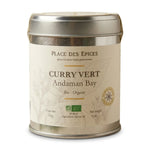 Curry Vert Thaïlandais Andaman Bay Bio 50g - Boîte métallique Place des épices sur fond blanc