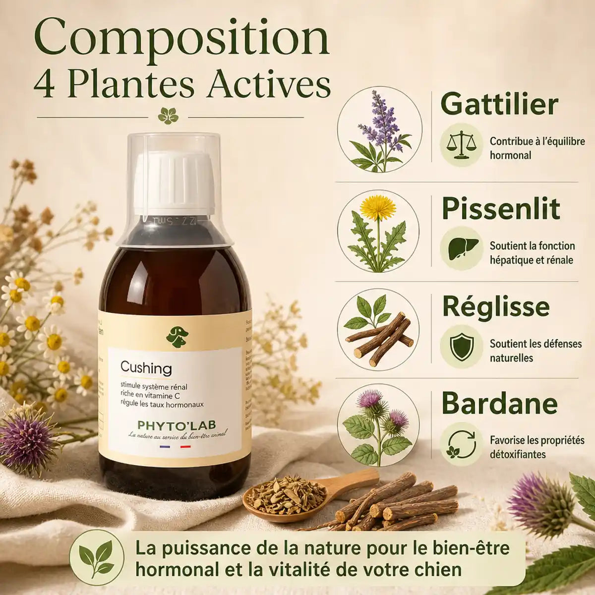 Cushing Dogs 250ml - Flacon traitement naturel avec 4 plantes actives contre maladie Cushing chien