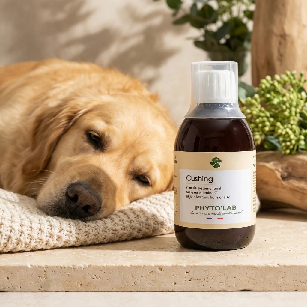 Cushing Dogs 250ml Phyto'Lab avec Golden Retriever - Traitement naturel maladie de Cushing