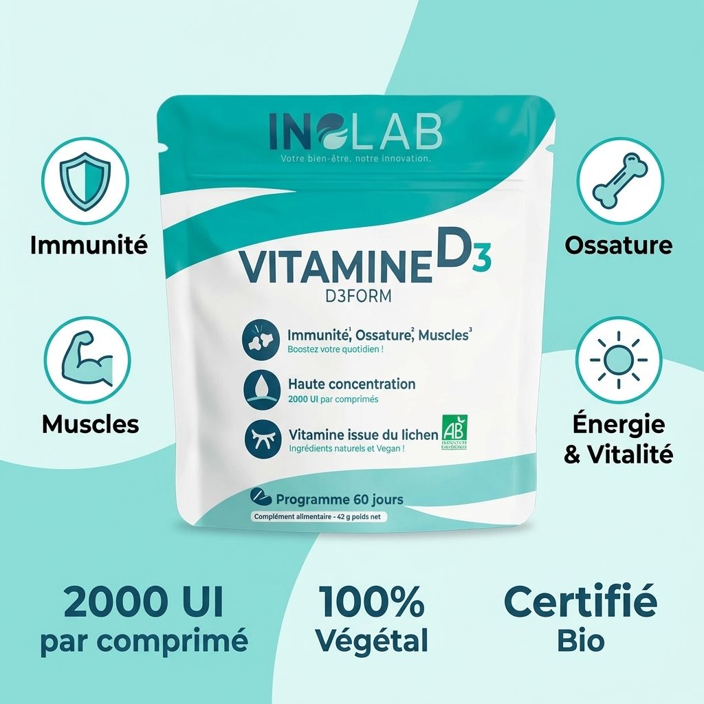 D3Form Vitamine D3 végétale bio 2000 UI avec bénéfices immunité, ossature, muscles et énergie