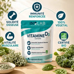 D3Form Vitamine D3 végétale bio avec icônes immunité, os et muscles, packaging et éléments botaniques