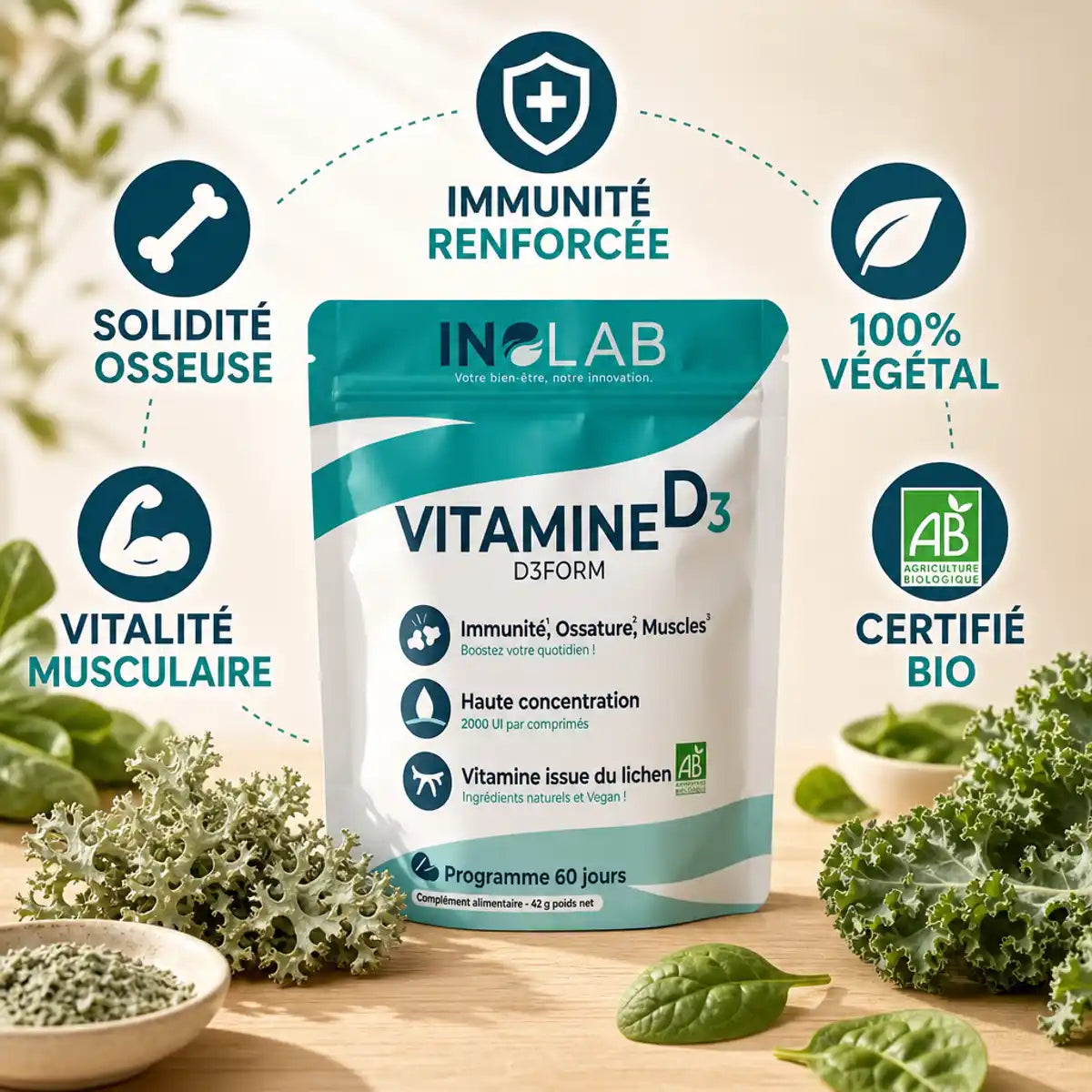 D3Form Vitamine D3 végétale bio avec icônes immunité, os et muscles, packaging et éléments botaniques