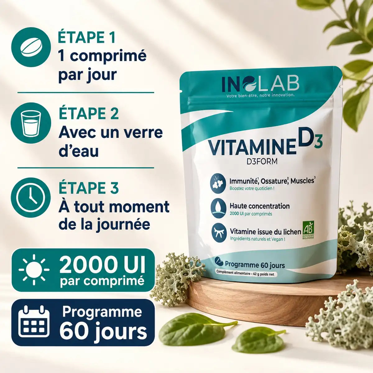 D3Form Vitamine D3 végétale lichen bio vegan 60 comprimés 2000 UI posologie