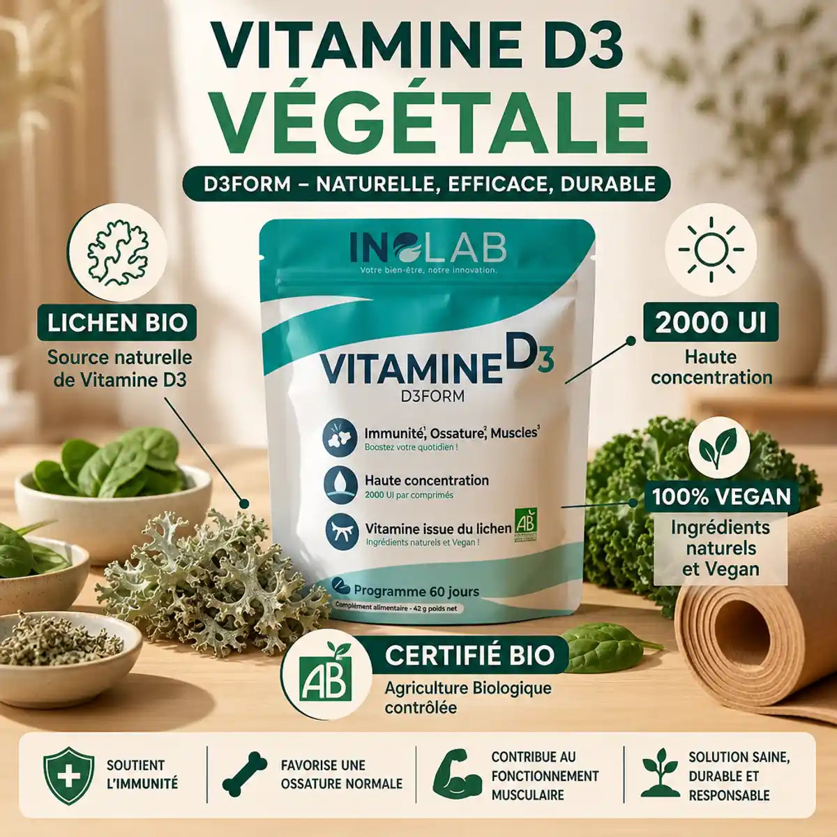D3Form vitamine D3 végétale bio vegan 2000 UI lichen packaging produit 60 comprimés