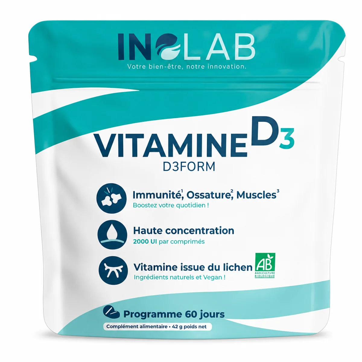 Complément Vitamine D3 vegan INOLAB D3Form, 60 comprimés en sachet teal et blanc