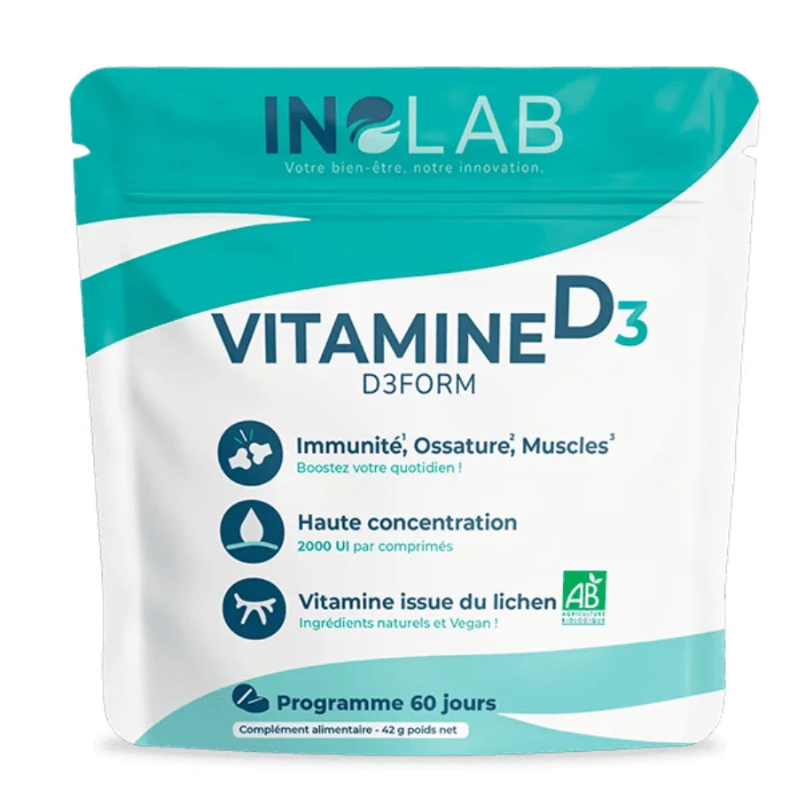 Un sachet de D3Form de 60 capsules : de la Vitamine D3 végétale issue du lichen bio & vegan