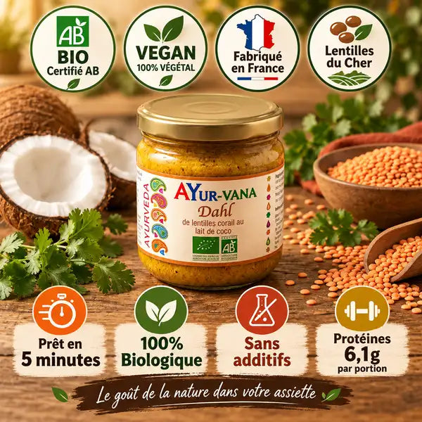 Dahl lentille corail AYur-vana bio 320g avec ingrédients, certifications et texte "Prêt en 5 minutes"