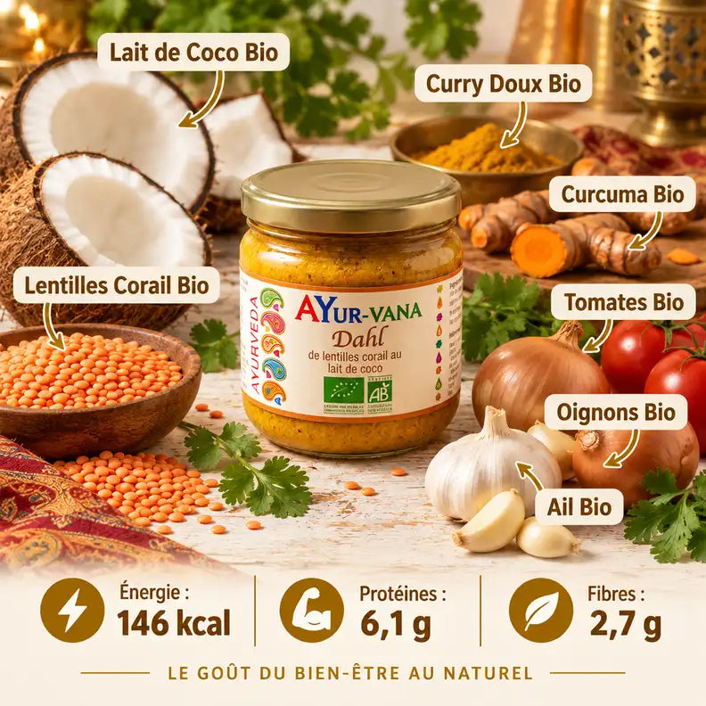 Dahl lentille corail AYur-vana avec ingrédients bio : lentilles, coco, épices et valeurs nutritionnelles