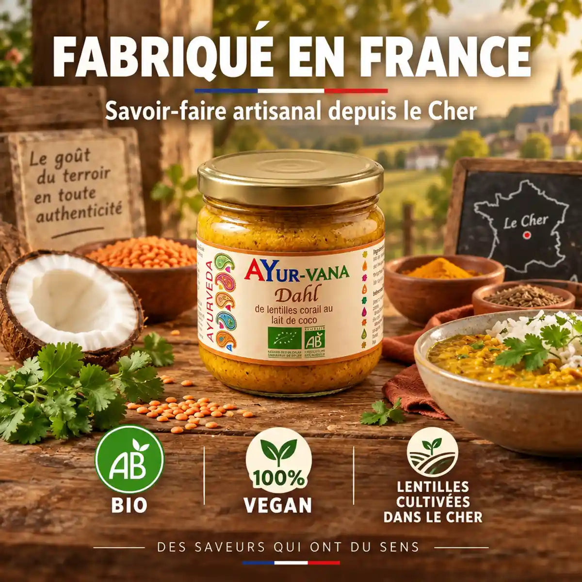 Dahl de lentille corail AYur-vana 320g au lait de coco, fabriqué en France, entouré de lentilles et coco