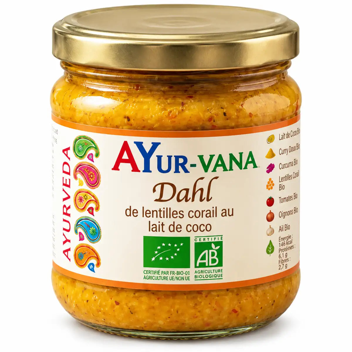 Dahl de lentille corail AYur-vana 320g au lait de coco en pot verre avec étiquette dorée