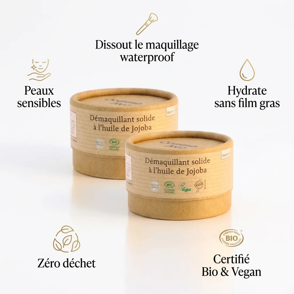 Démaquillant solide bio à l'huile de jojoba Comme avant avec bénéfices : waterproof, peaux sensibles, zéro déchet