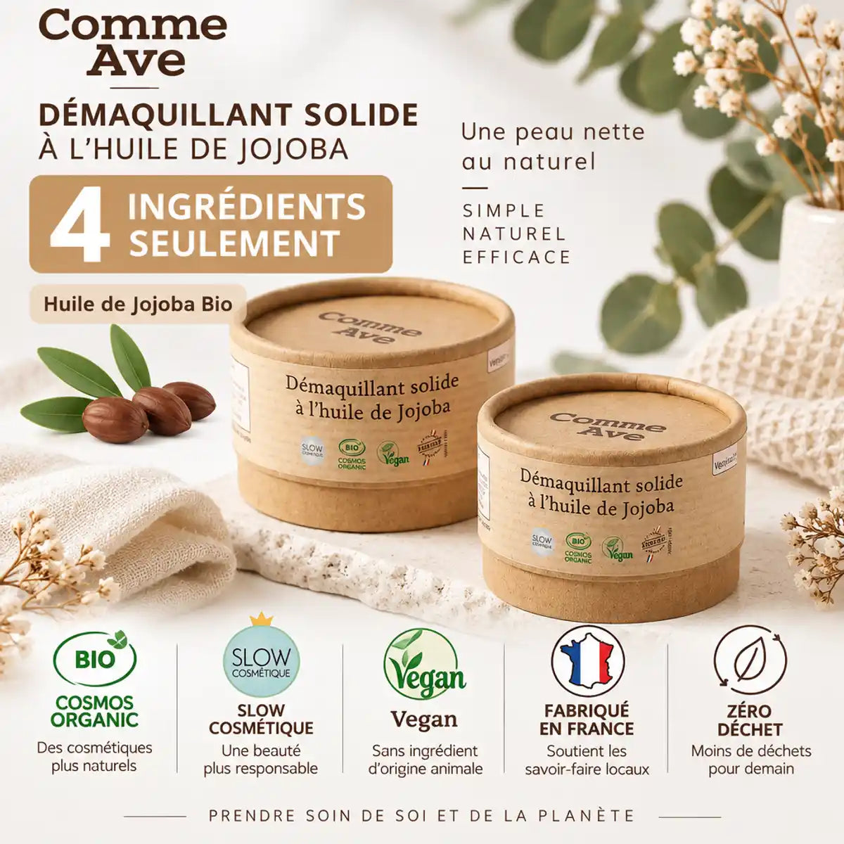 Démaquillant solide Comme avant à l'huile de jojoba bio 40g, certifié vegan et zéro déchet