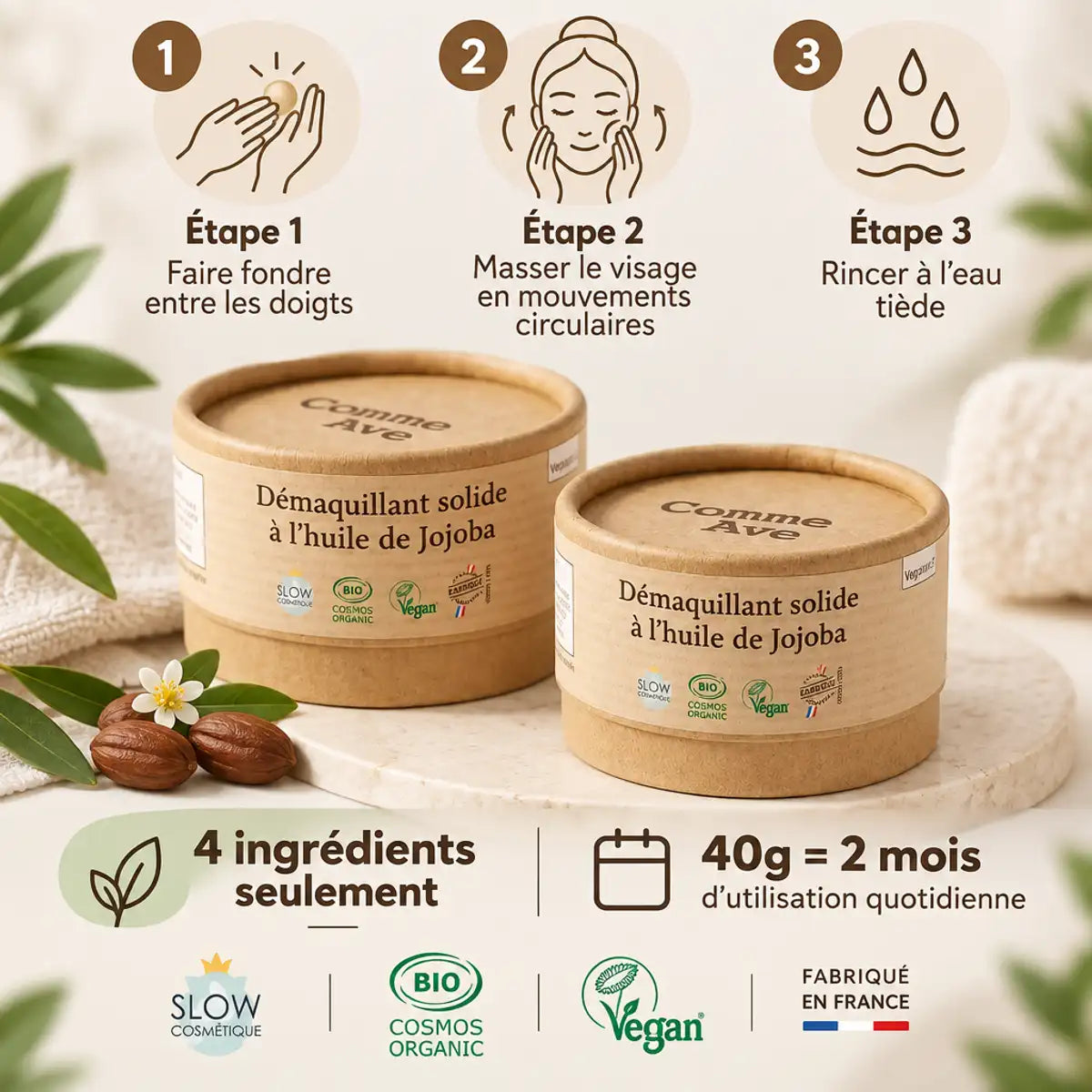 Démaquillant solide jojoba bio Comme Avant 40g avec mode d'emploi et certifications