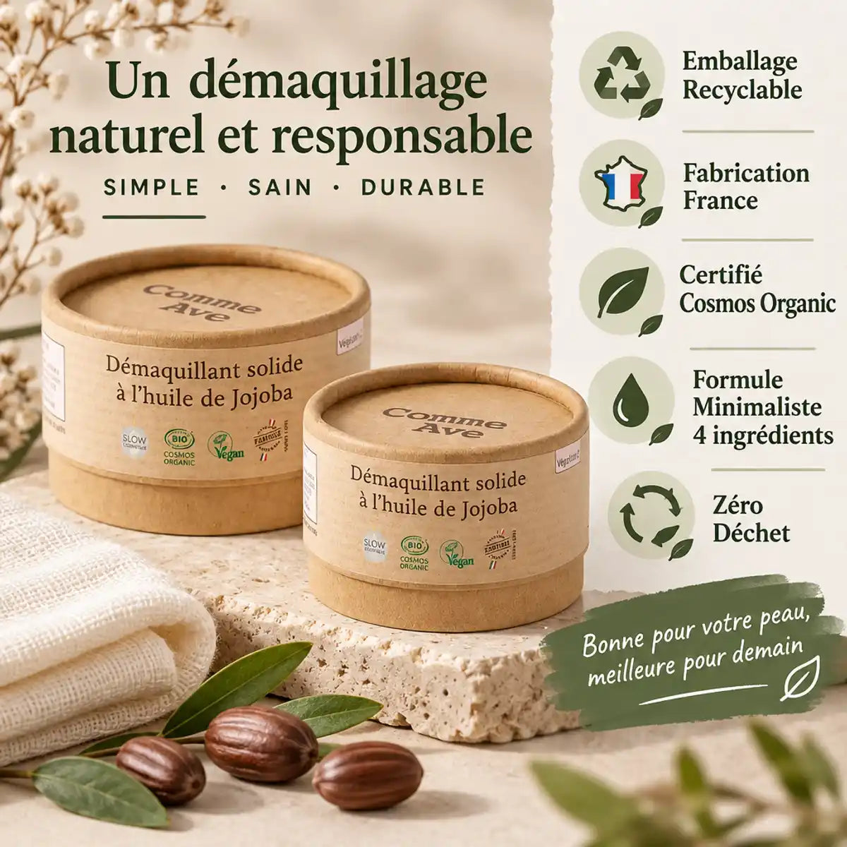 Démaquillant solide Jojoba Bio Comme Avant 40g avec certifications eco-responsables et ingrédients naturels