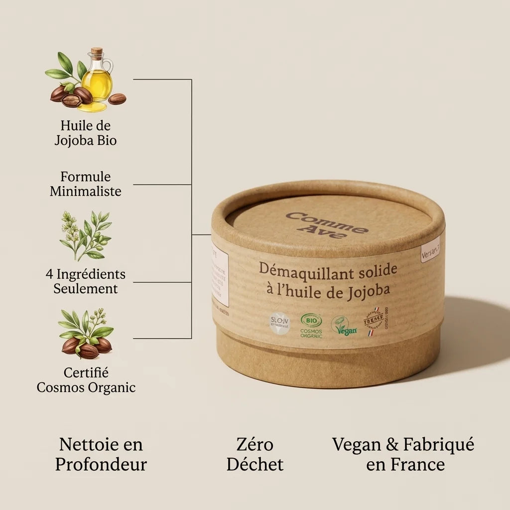 Démaquillant solide jojoba bio Comme avant 40g avec ingrédients naturels certifiés Cosmos sur fond beige