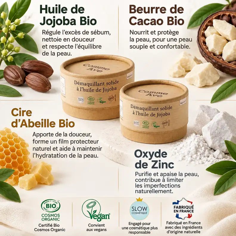 Démaquillant solide jojoba bio Comme avant 40g avec ingrédients naturels certifiés