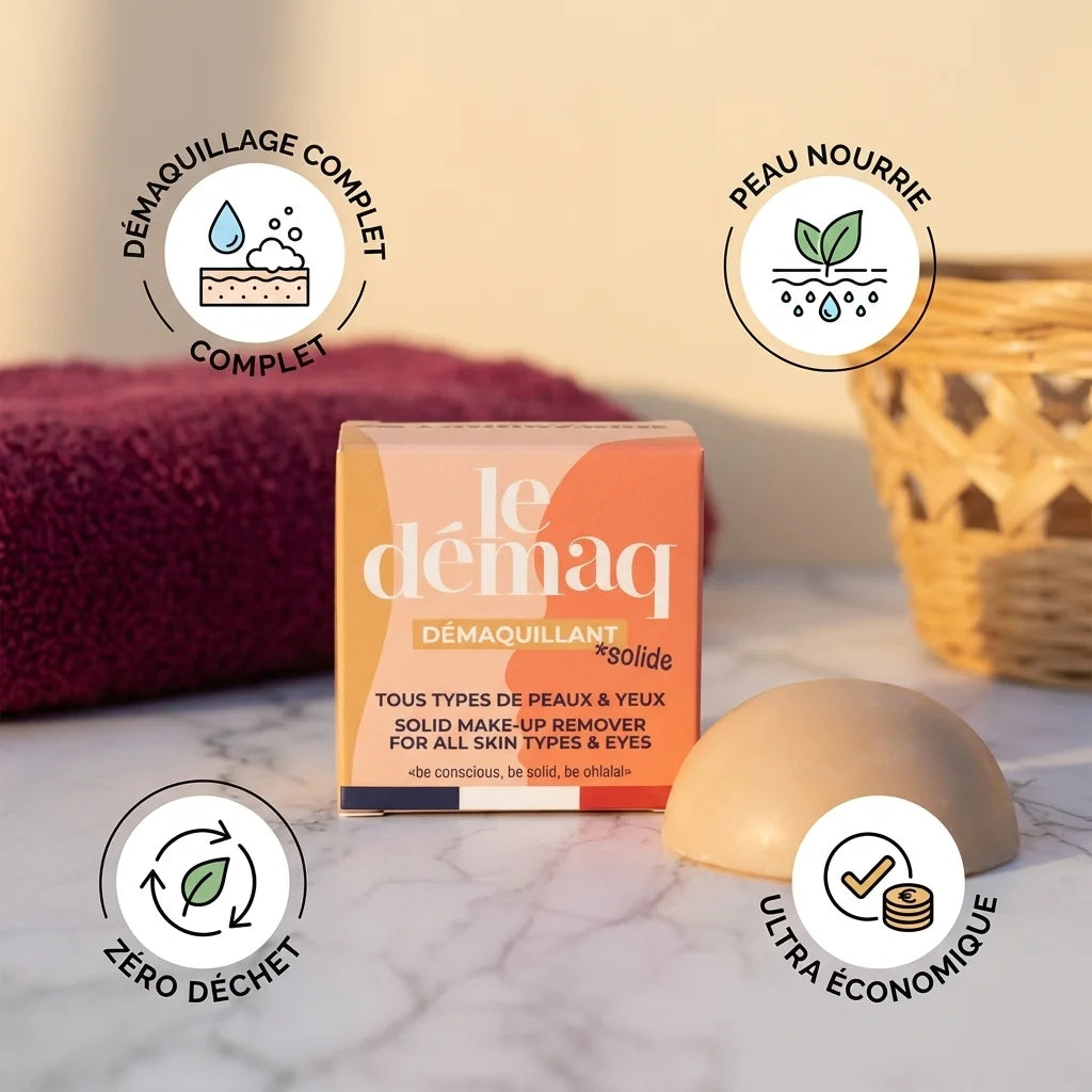 Démaquillant solide Lamazuna jojoba bio avec icônes bénéfices sur fond marbre