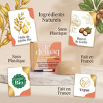 Démaquillant solide Lamazuna à l'huile de jojoba bio avec ingrédients naturels sur marbre