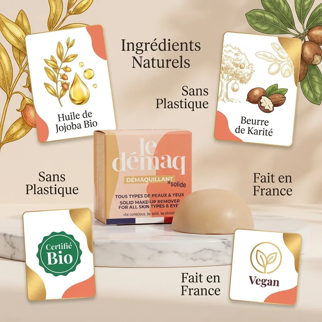 Démaquillant solide Lamazuna à l'huile de jojoba bio avec ingrédients naturels sur marbre